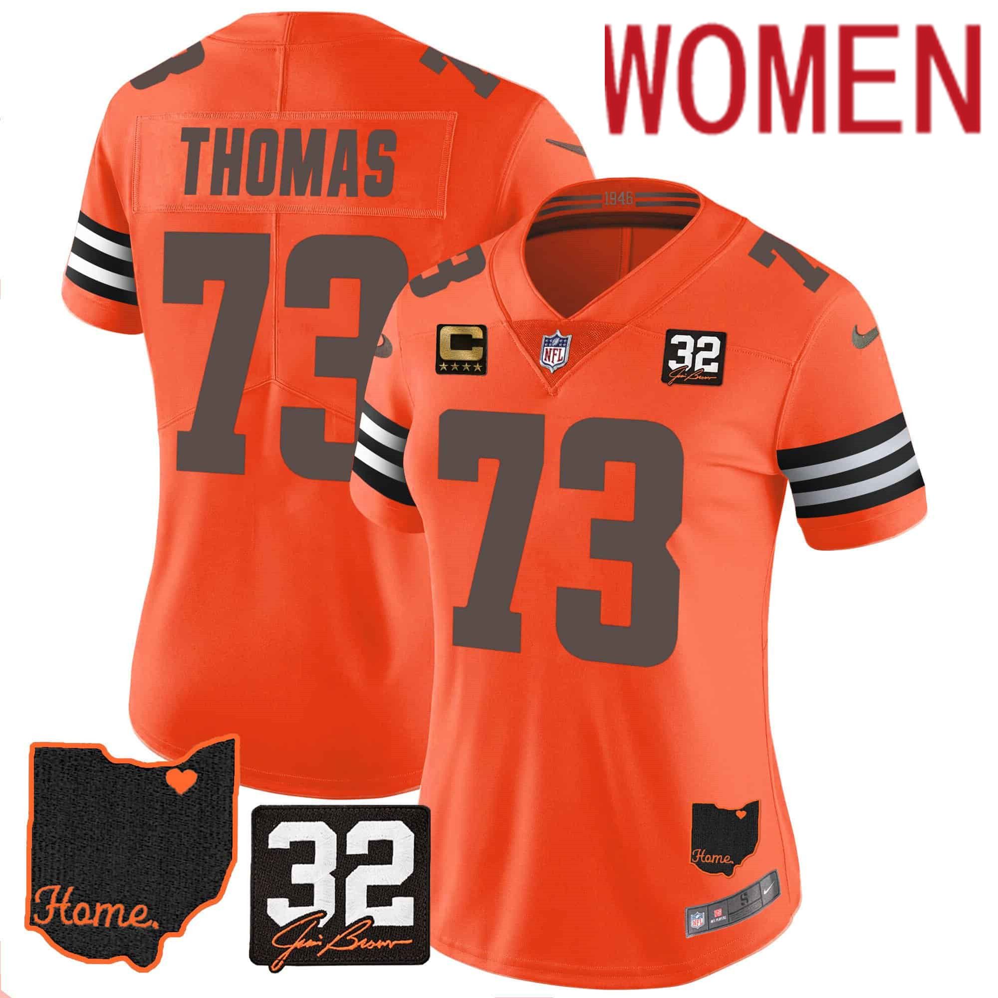 Women Cleveland Browns 73 Thomas Orange Memorial Home Patch 2024 Nike NFL Jersey